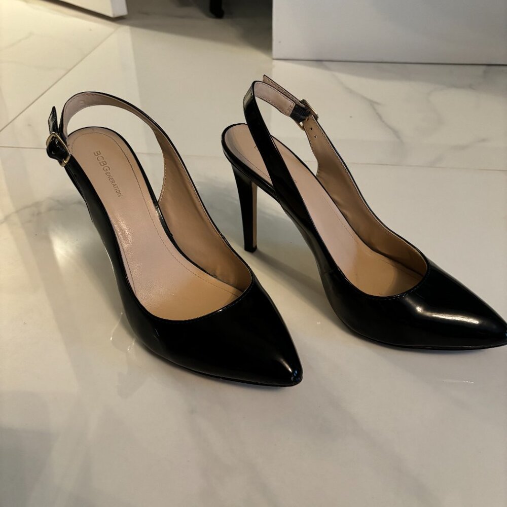 BCBGeneration Black Patent Leather Slingback Heels Size 9.5